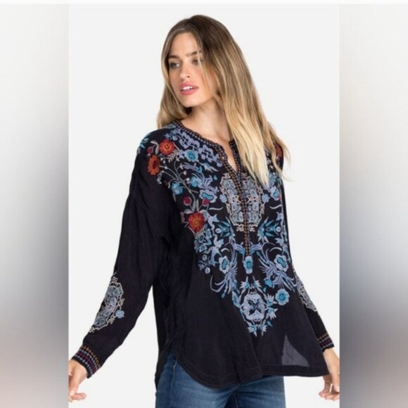 Johnny Was Johrdan Embroidered Blouse Black with Colored Embroidery Size XXS - Picture 11 of 13